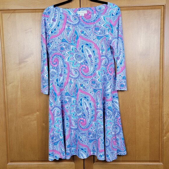 Cynthia Rowley Pink Aqua Blue Paisley A-Line Dress With POCKETS! - S - Picture 1 of 6